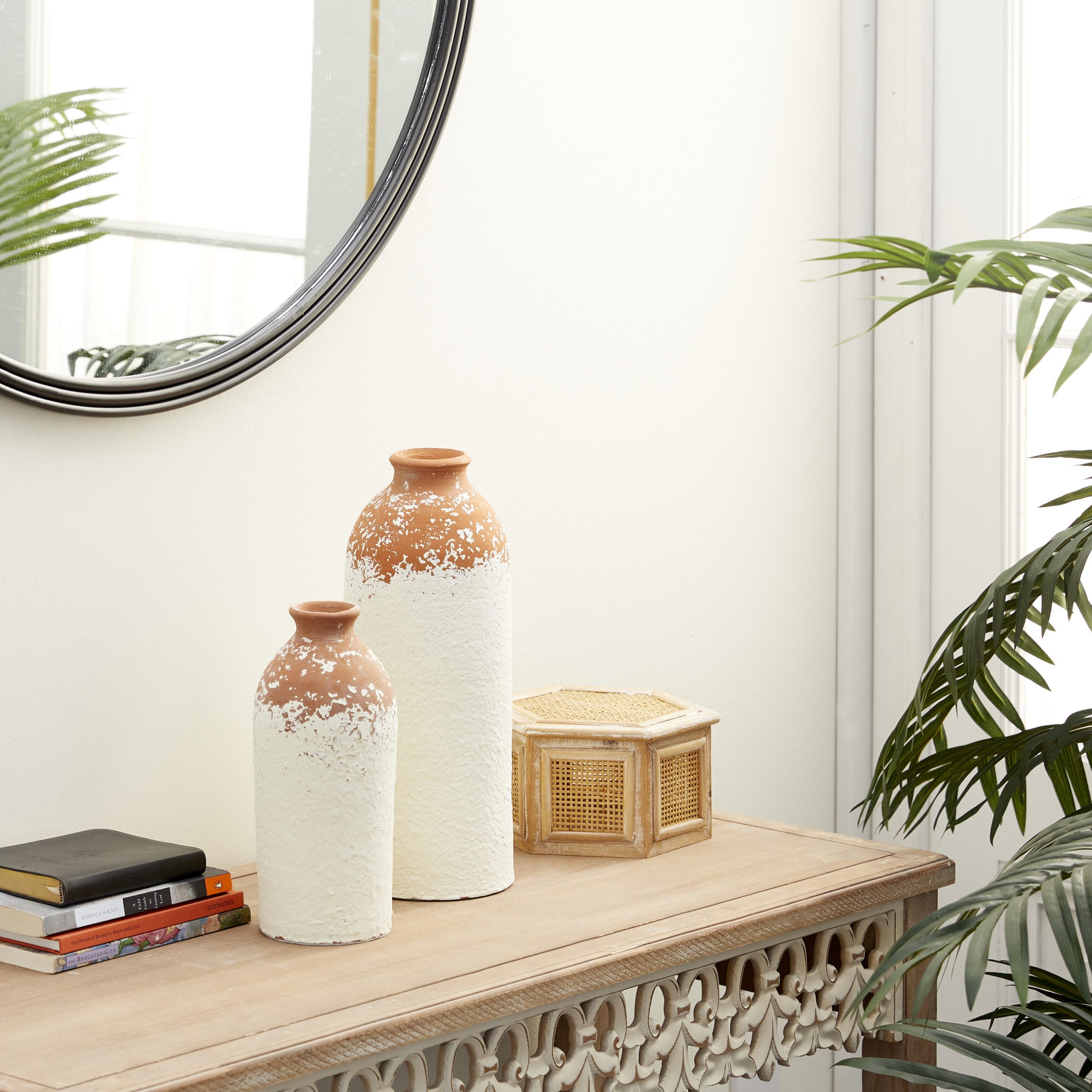 Matte Orange & White Ceramic Vase with Terracotta Detailing (Set of 2), 13″, 10″H
