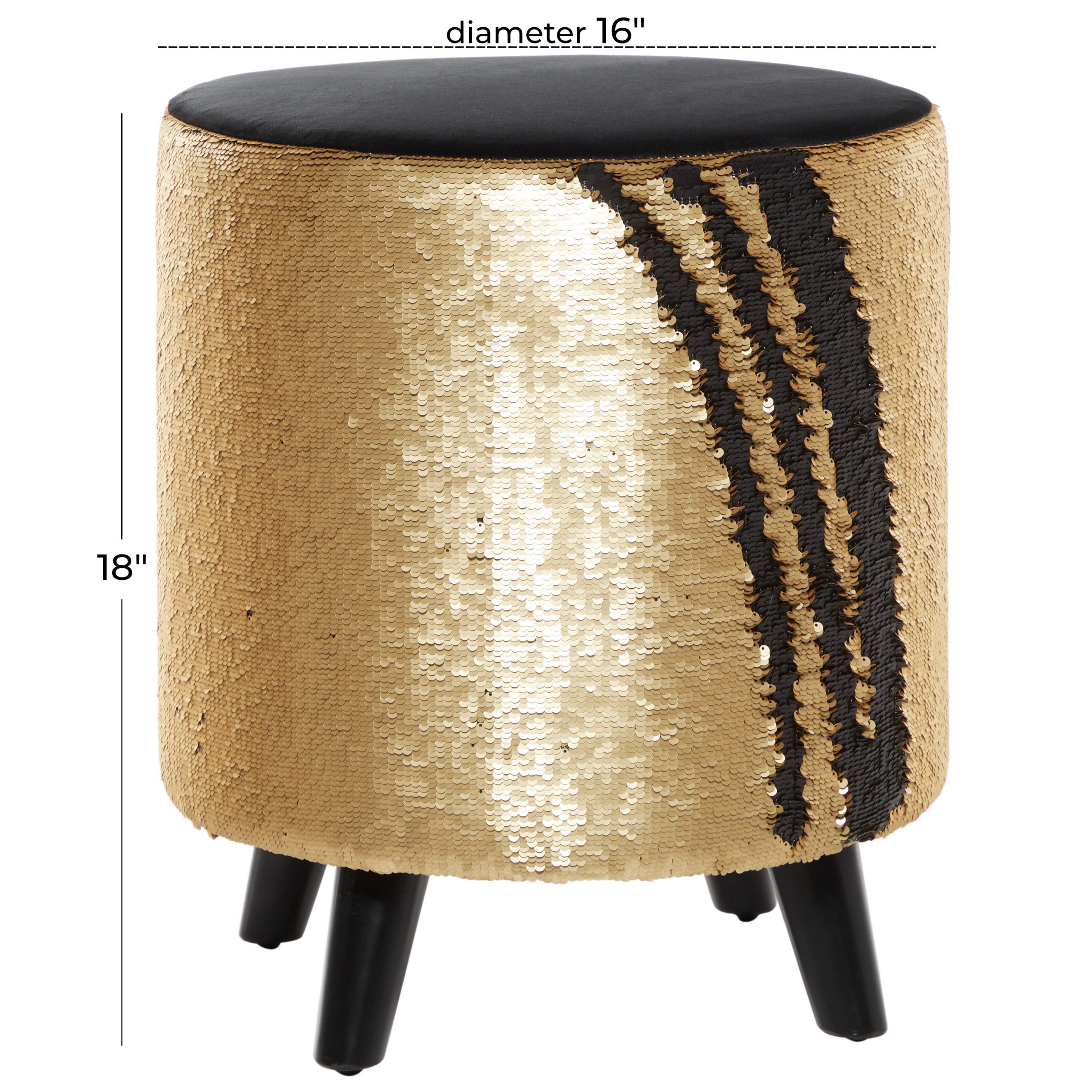 Gold Upholstered Wood Stool Round with Gold & Black Sequins, 16″ x 16″ x 18″