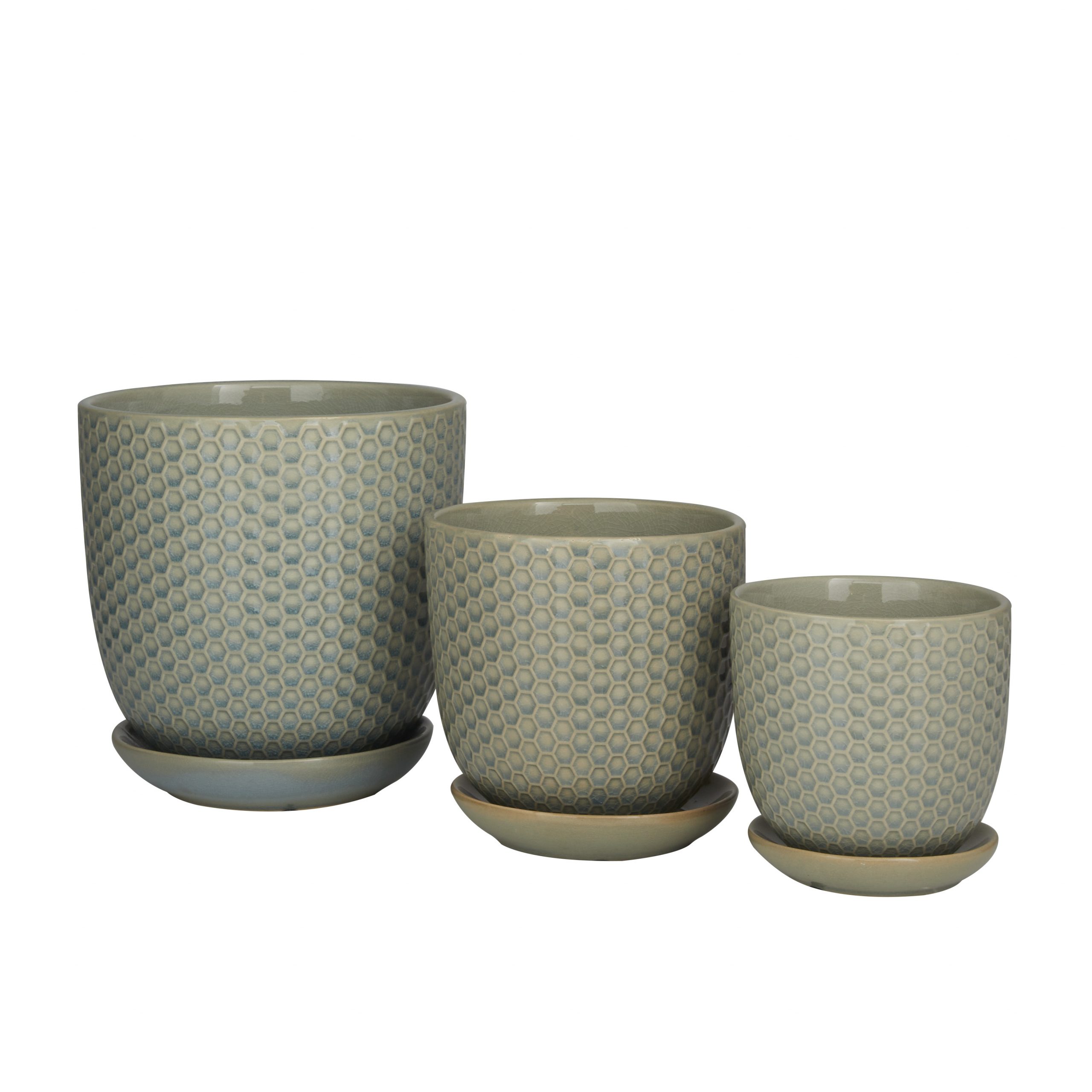 Gray Porcelain Planter with Attached Saucer (Set of 3), 8″, 6″, 5″H