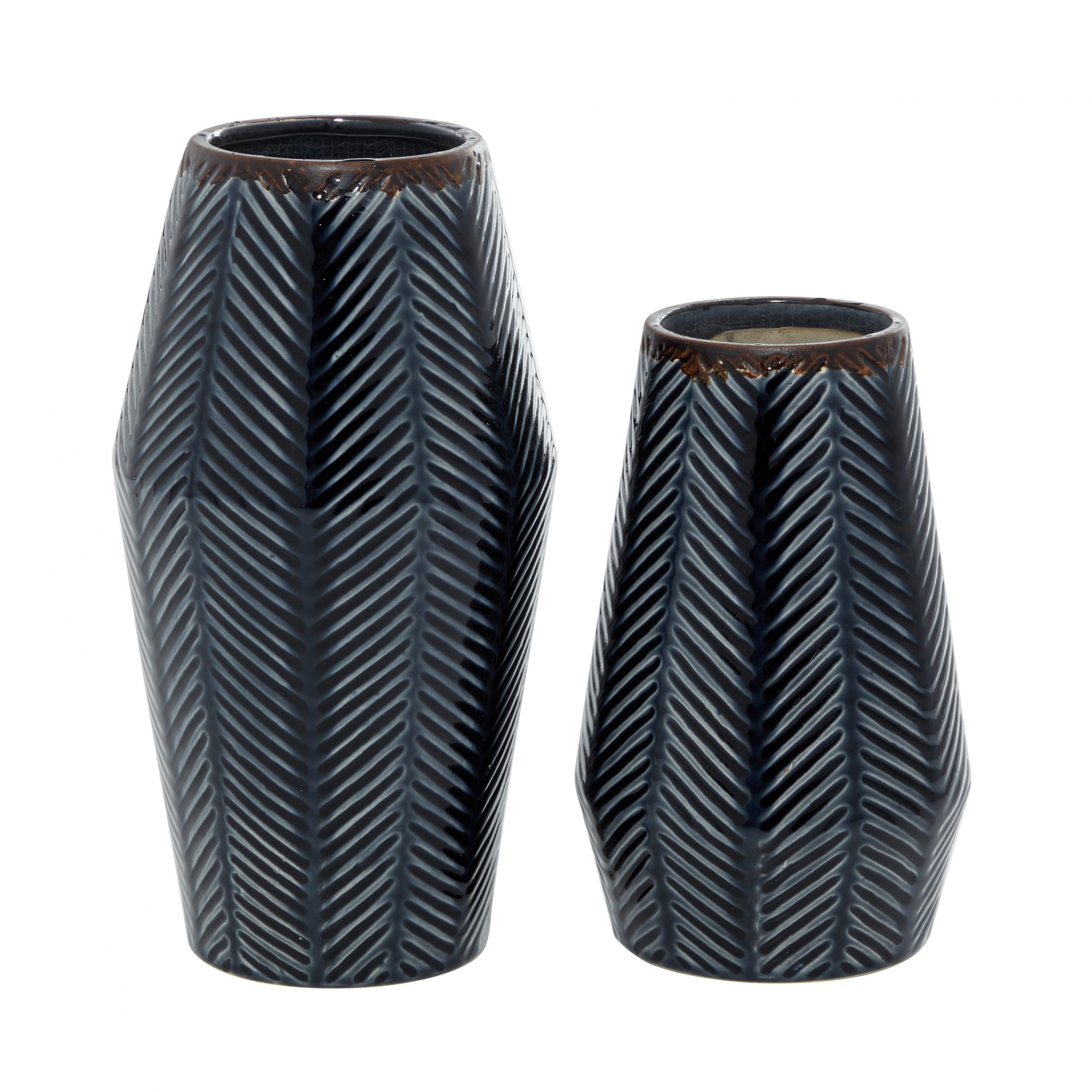 Dark Blue Ceramic Handmade Chevron Vase (Set of 2), 11″, 8″H