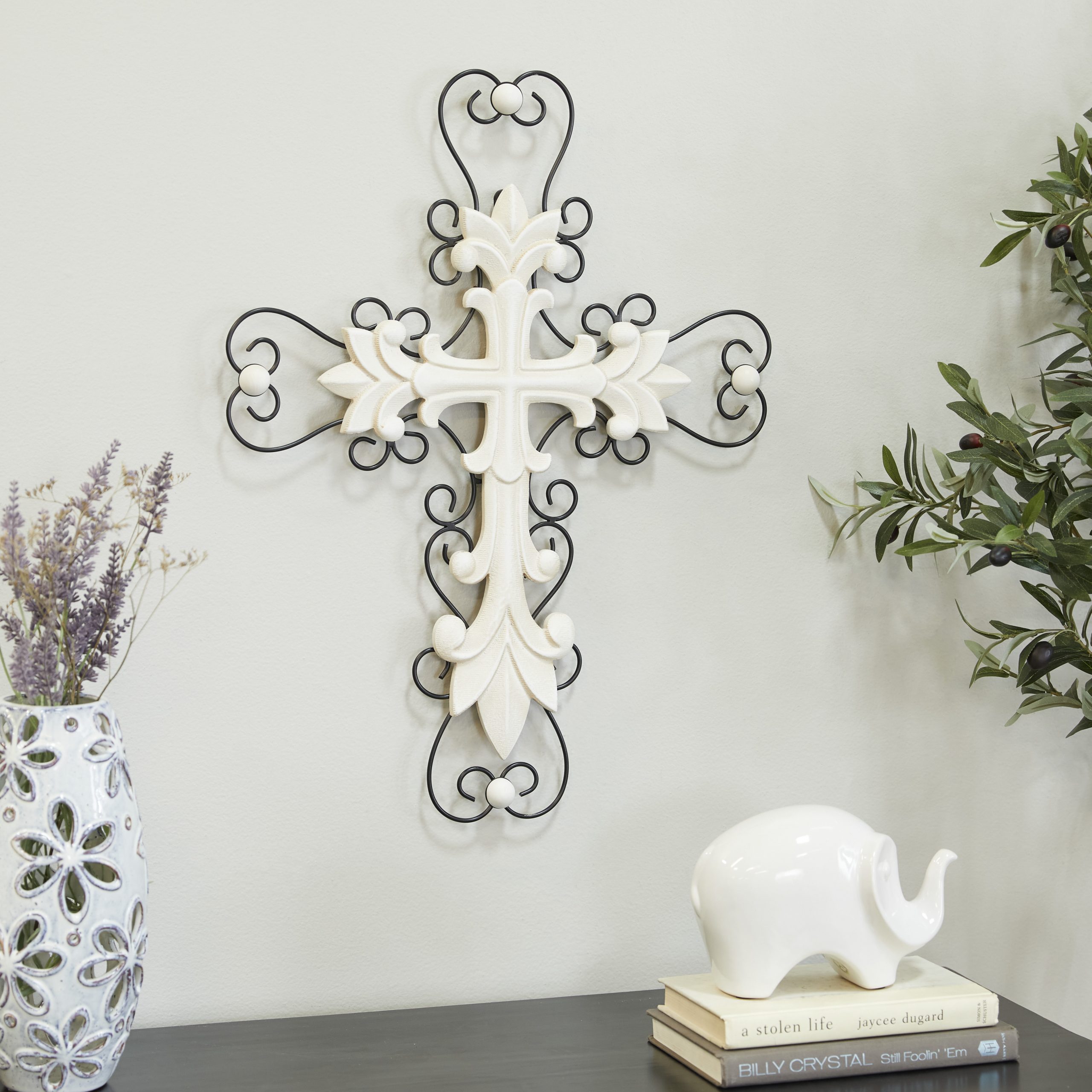 White Wood Carved Cross Biblical Wall Decor with Metal Scrollwork, 18″ x 1″ x 24″