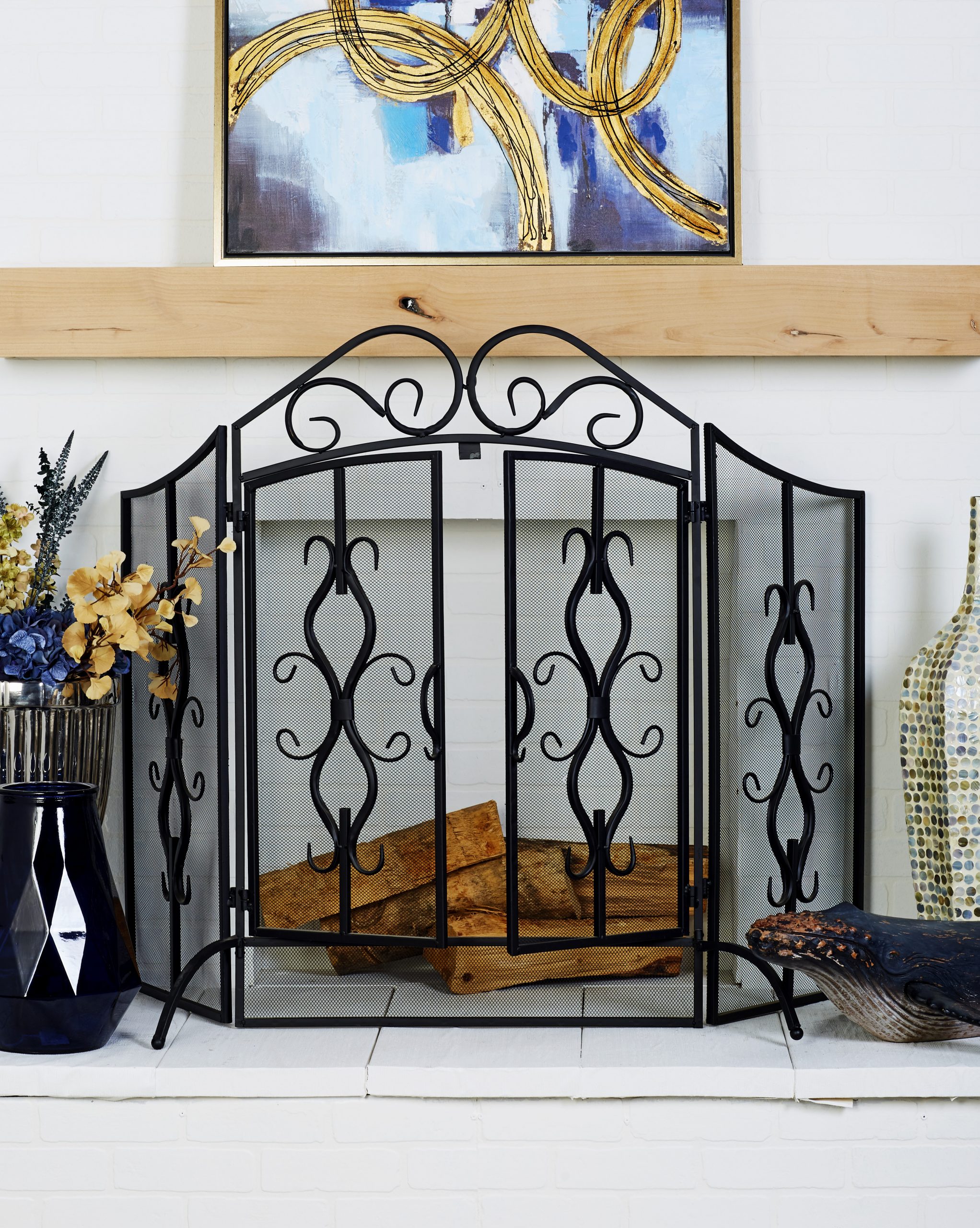 Gray Metal Foldable Mesh Netting 3 Panel Scroll Fireplace Screen, 60″ x 24″ x 40″