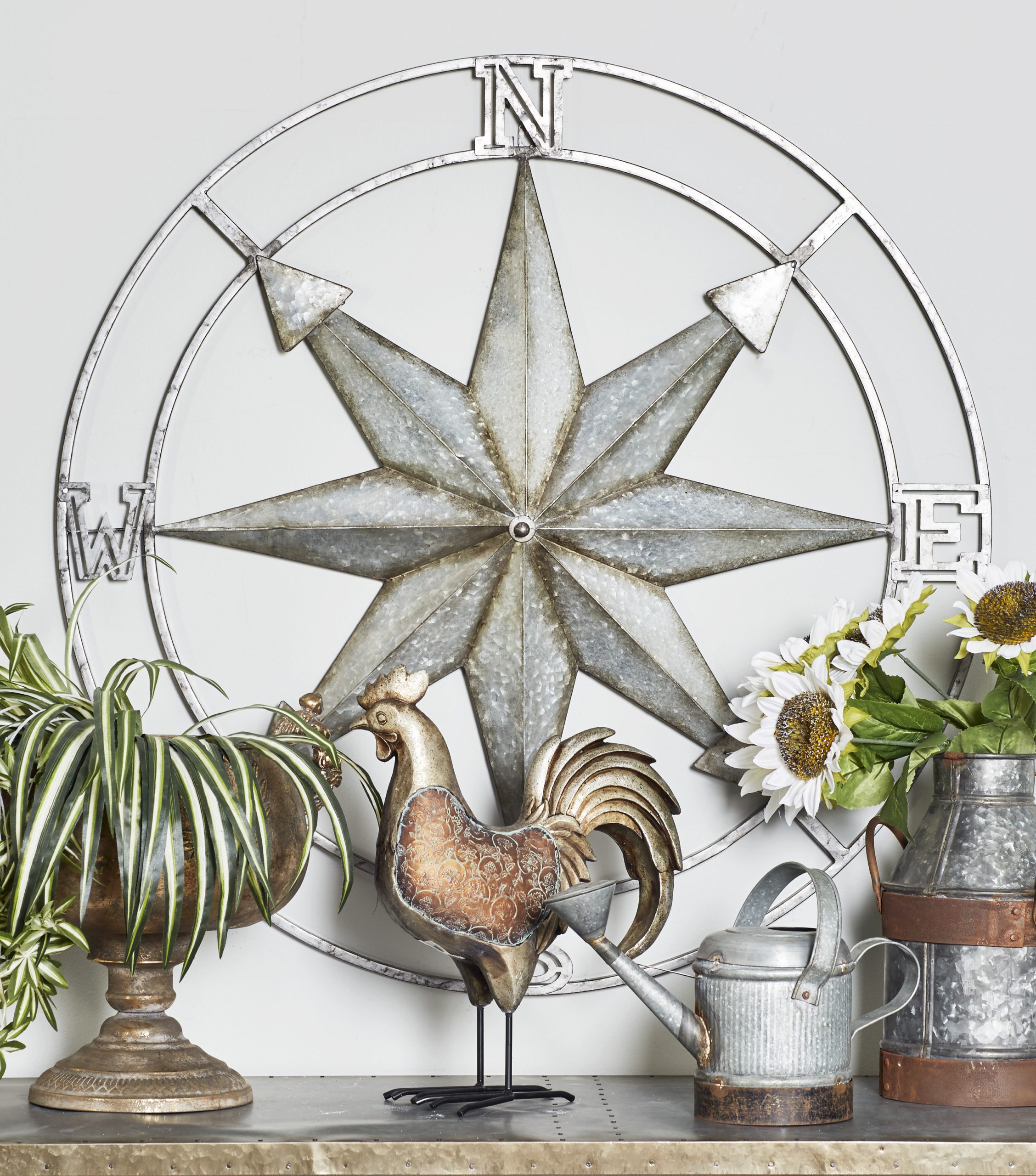 Silver Finish Metal Compass Wall Decor, 35″ x 3″ x 35″