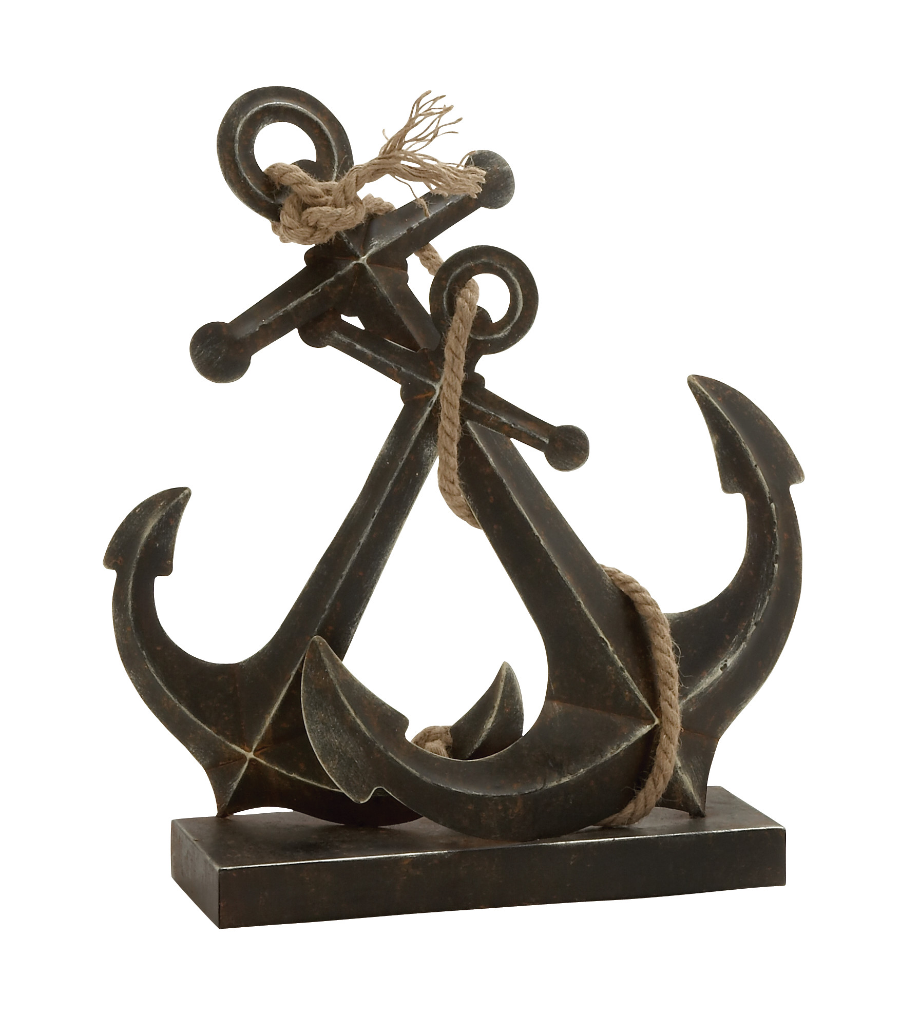 Dark Mocha Brown Metal Anchor Sculpture with Jute Rope Accents, 12″ x 5″ x 16″