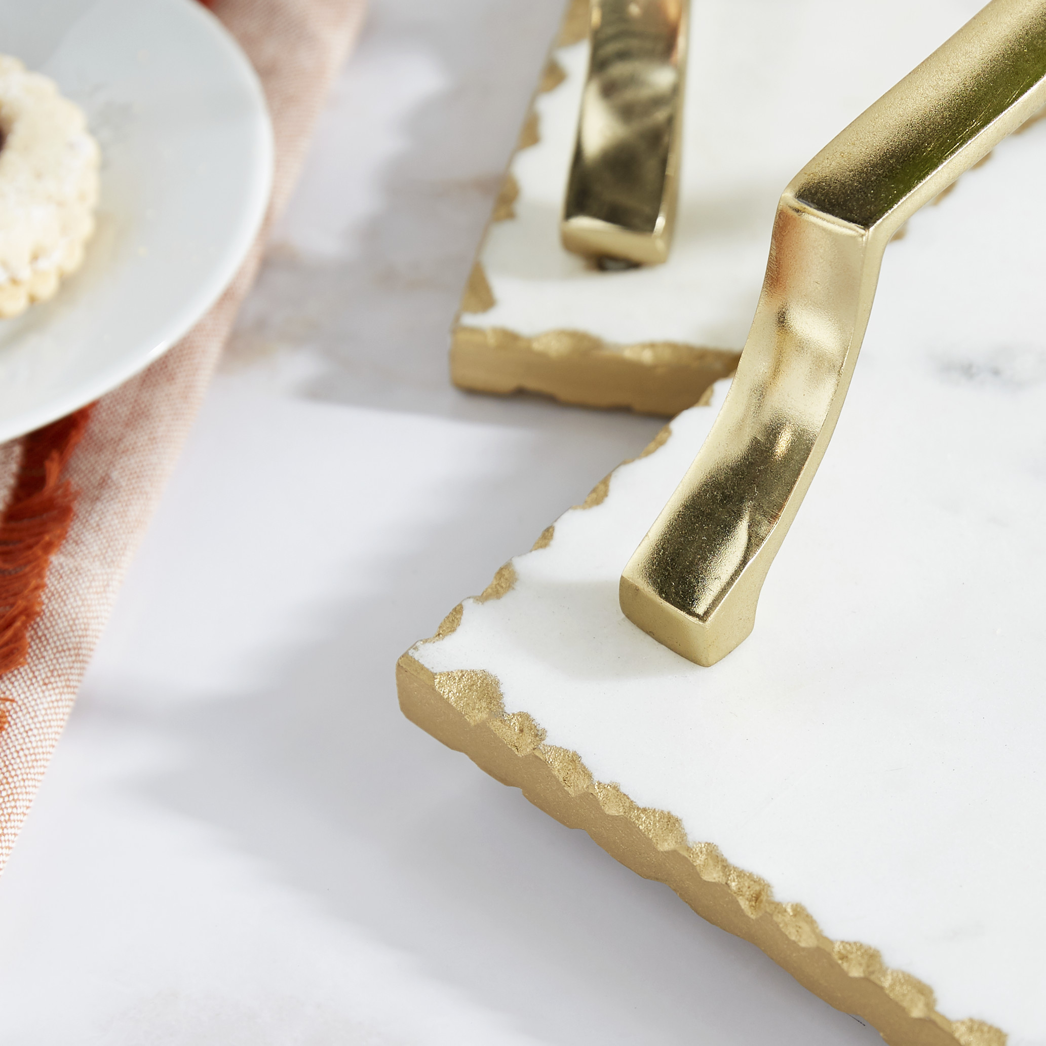 White Ceramic Tray with Gold Handles (Set of 2), 16″, 13″W