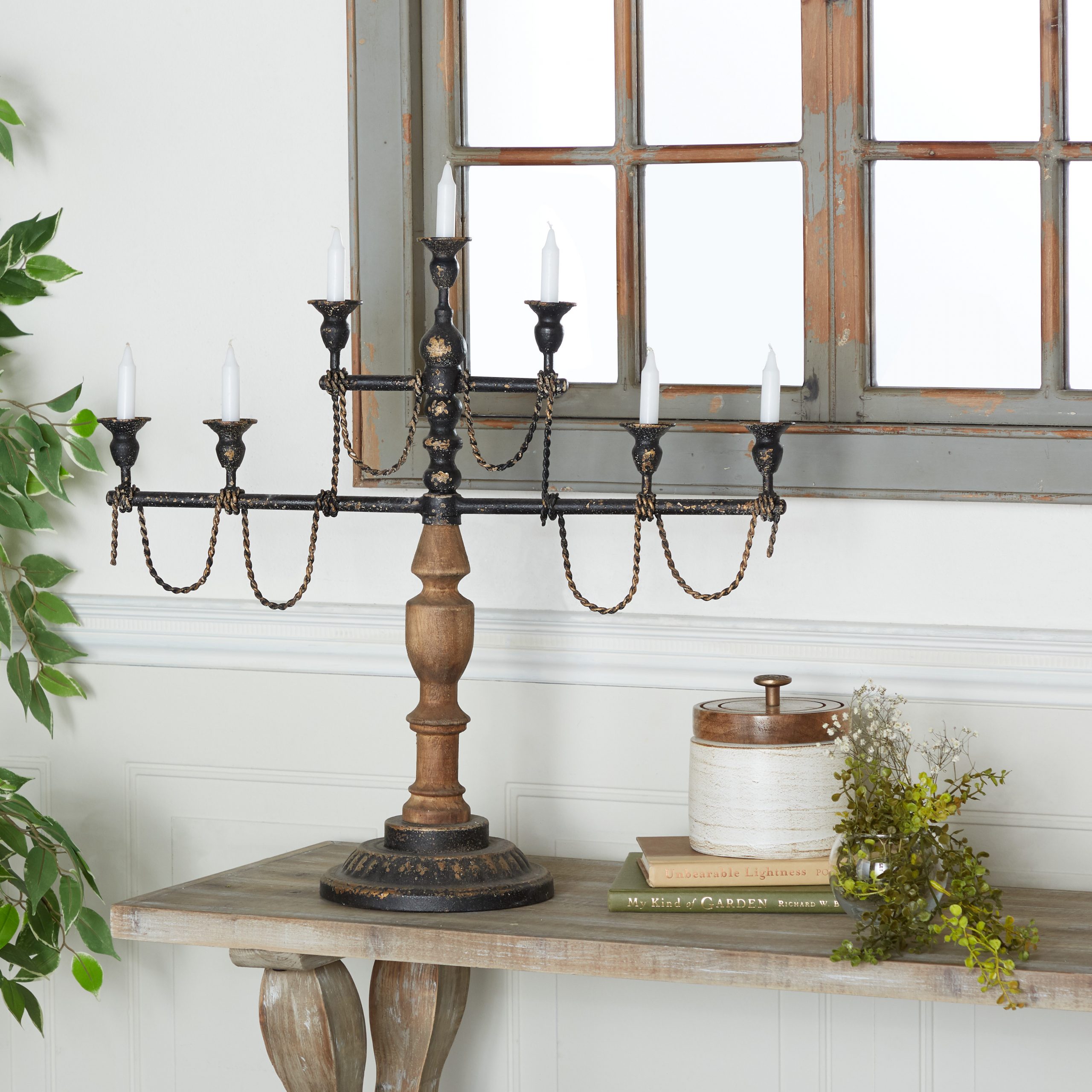 Brown And Black Wood Metal Candelabra Vintage Style, 24" x 8" x 22"