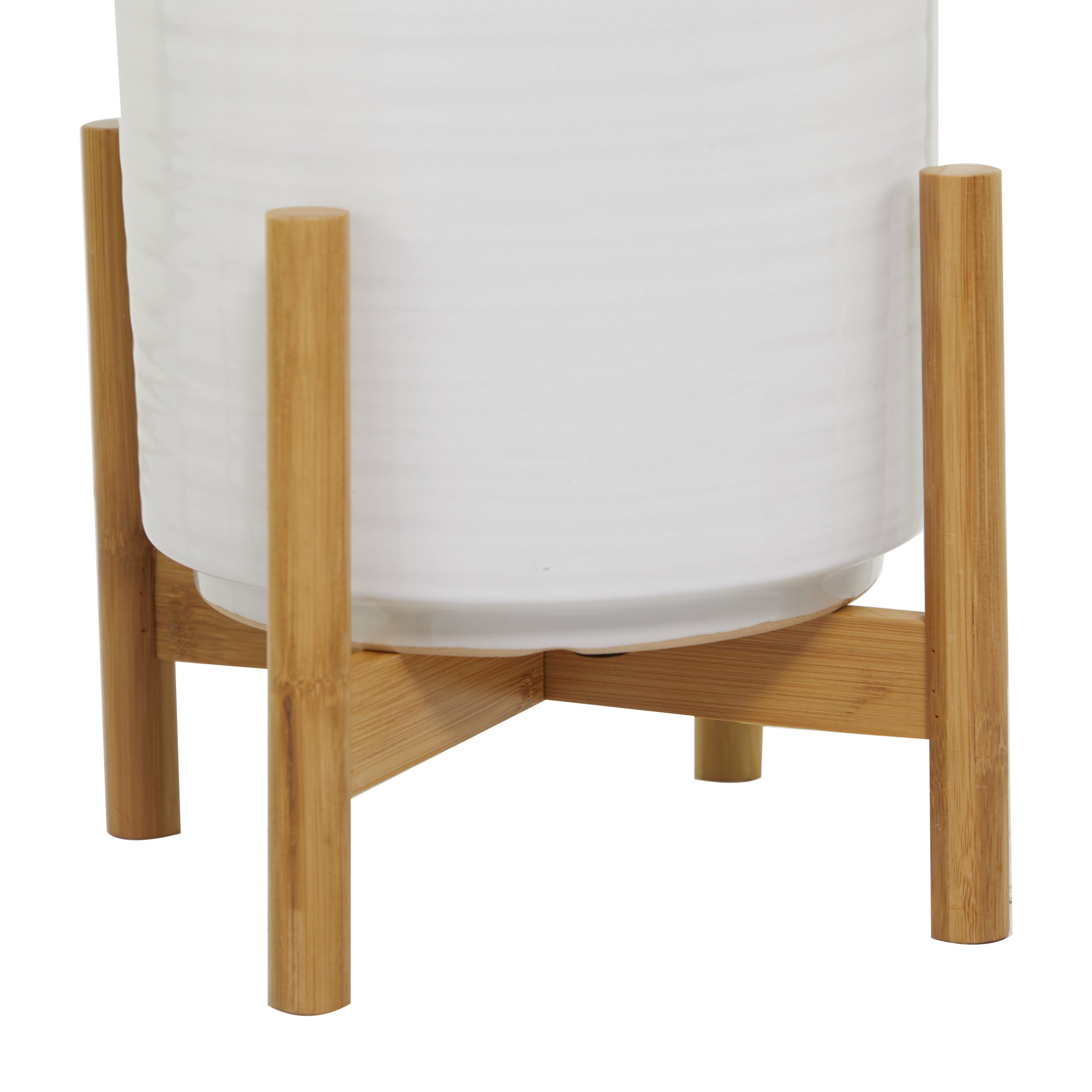 White Ceramic Planter with Wood Stand (Set of 3), 12″, 11″, 9″H
