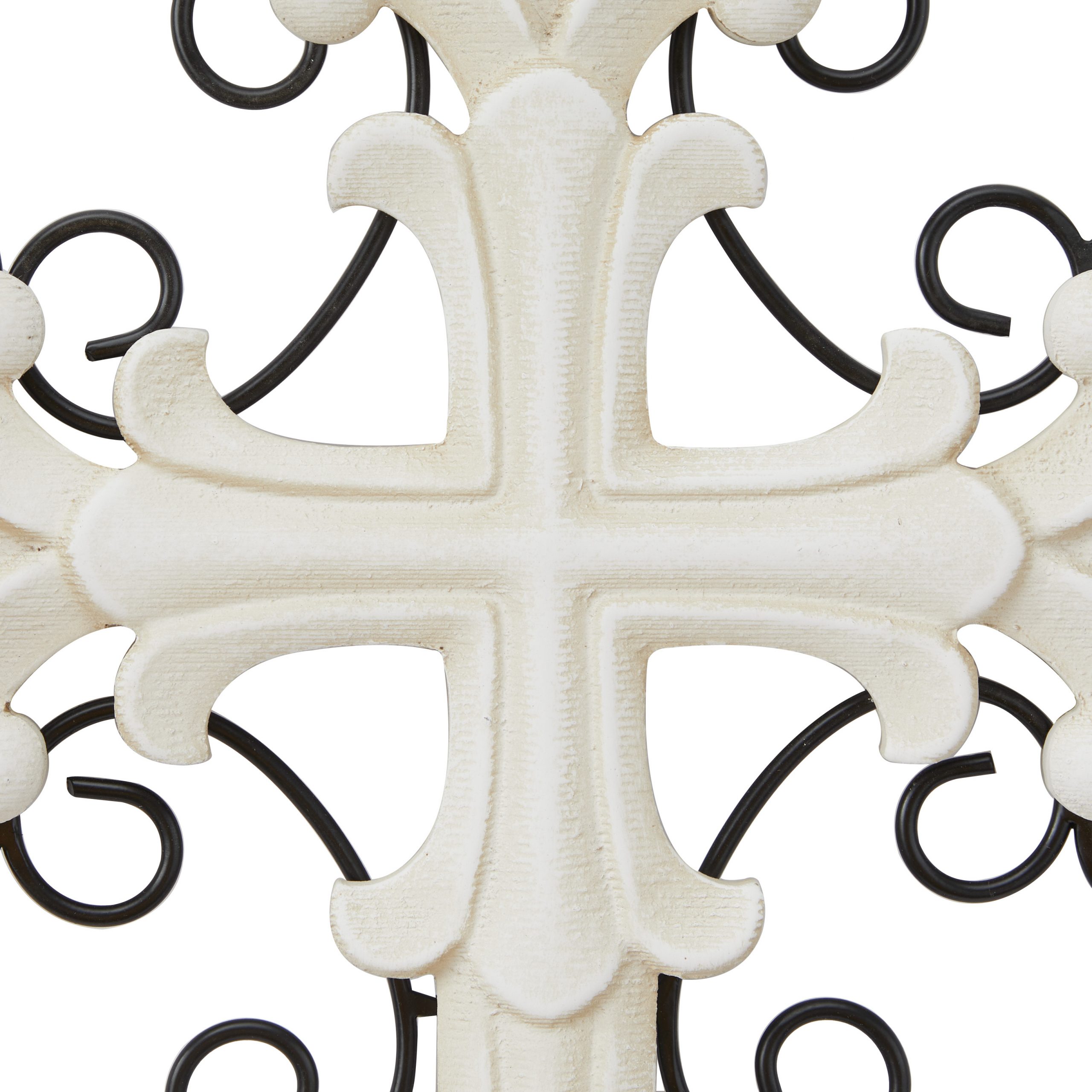 White Wood Carved Cross Biblical Wall Decor with Metal Scrollwork, 18″ x 1″ x 24″