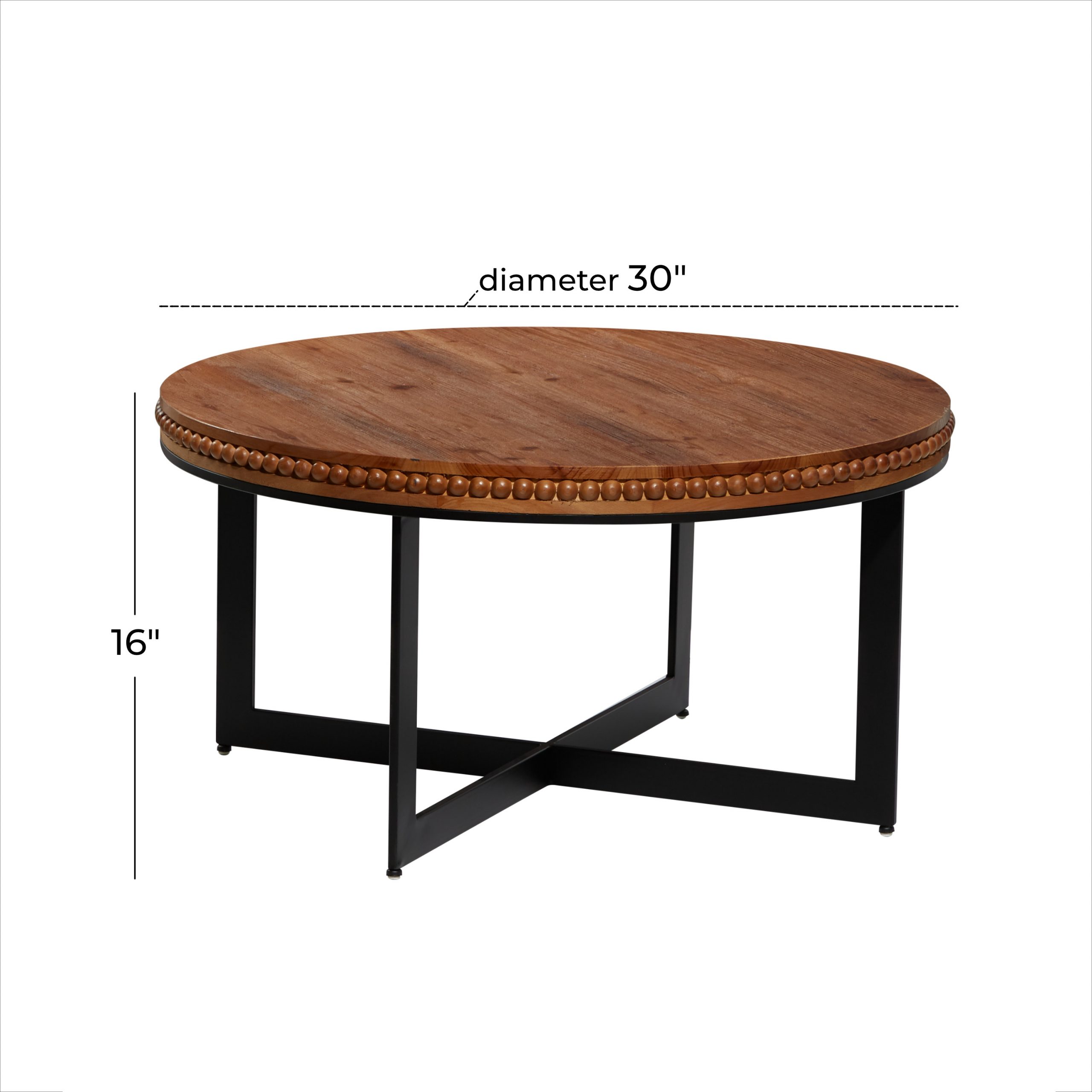 Rustic Brown Wood Beaded Coffee Table with Metal X-Shaped Base, 30″ x 30″ x 16″