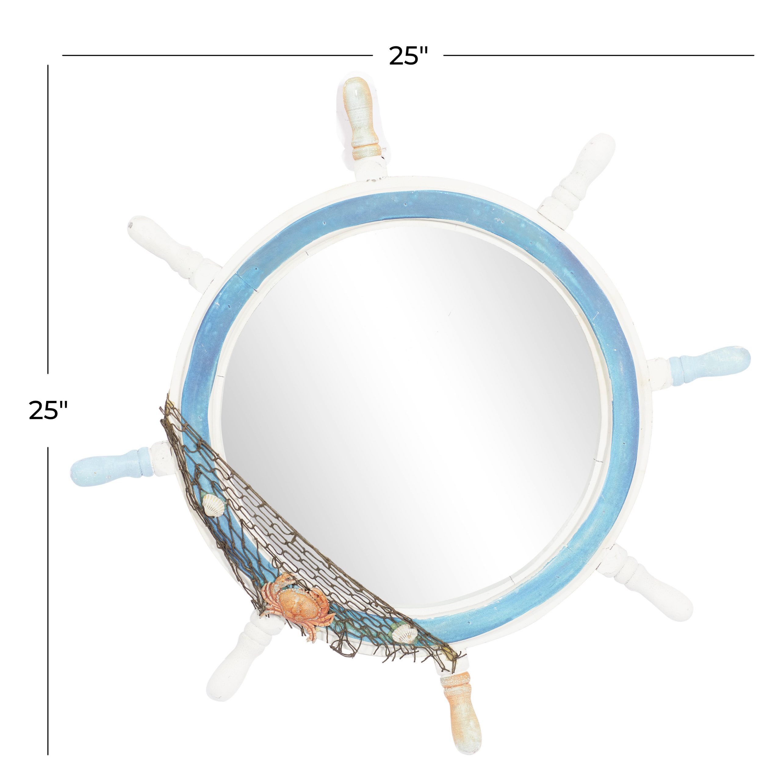 White And Blue Wooden Ship Wheel Mirror With Netting, 25″ x 2″ x 25″