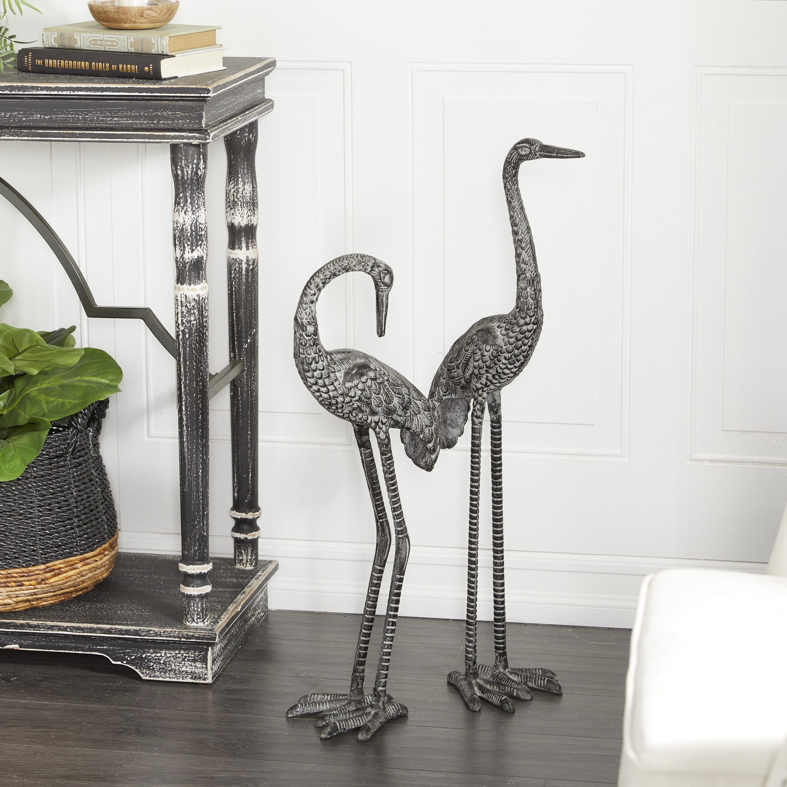 Dark Gray Metal Crane Garden Sculpture (Set of 2), 31″, 25″H