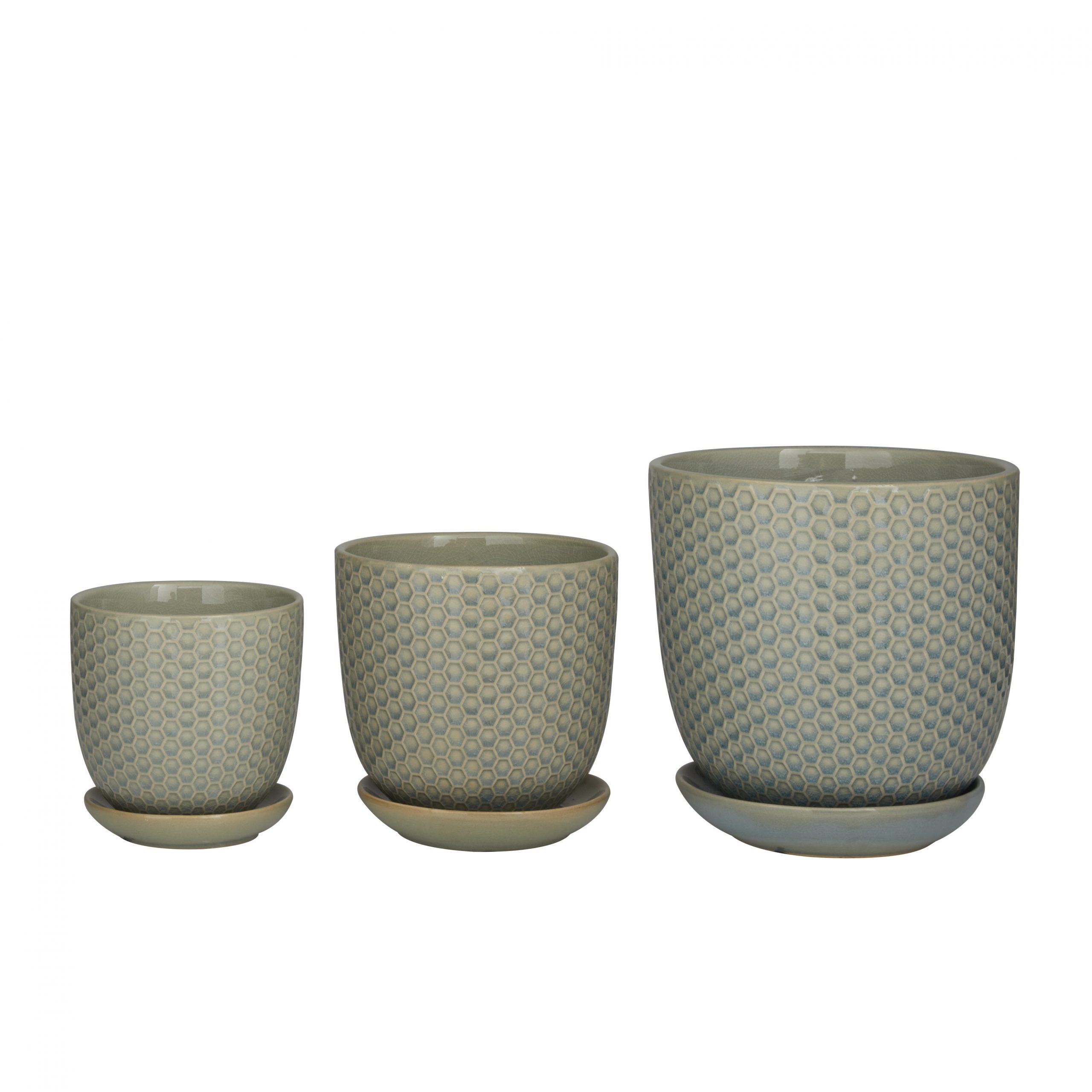 Gray Porcelain Planter with Attached Saucer (Set of 3), 8″, 6″, 5″H