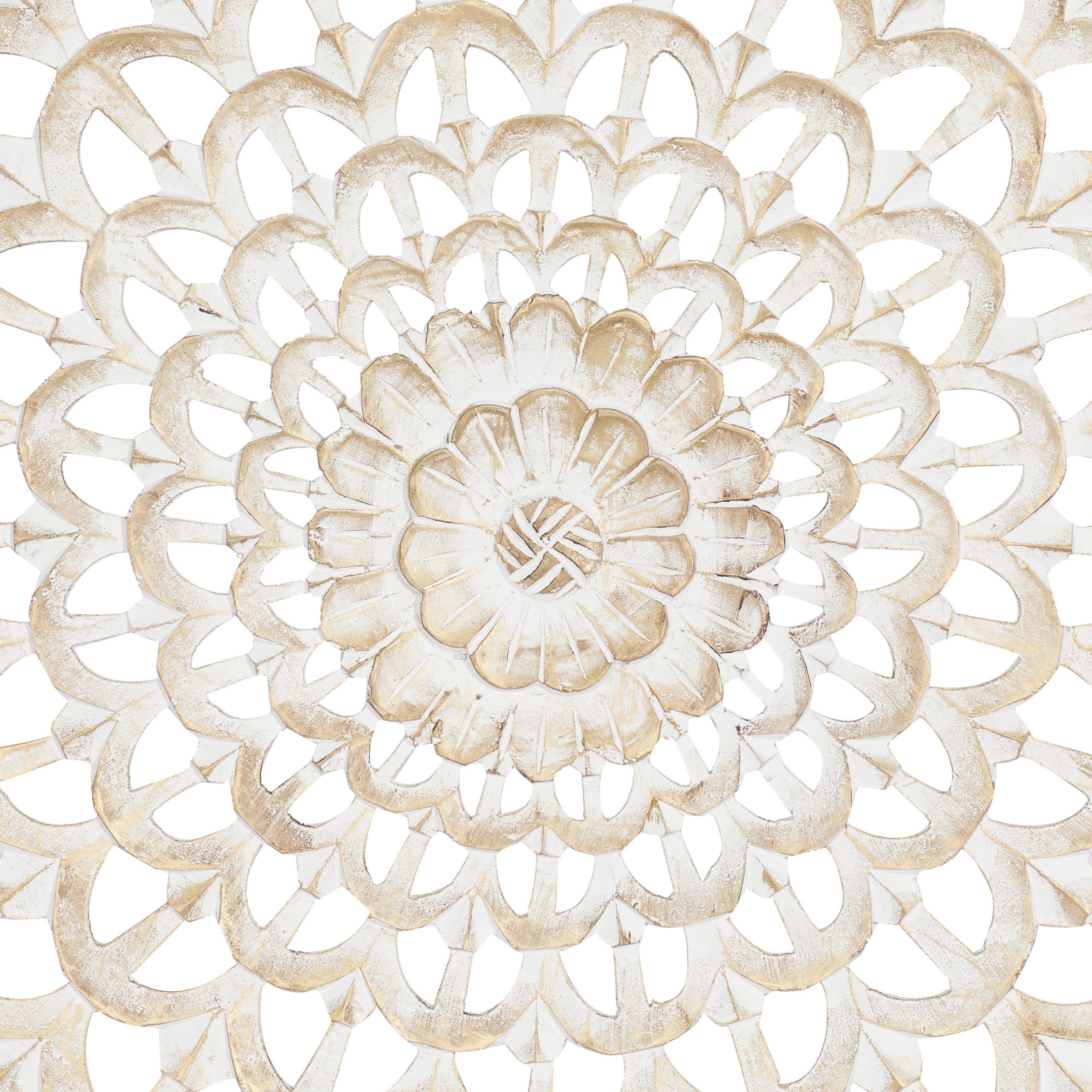 White Wood Carved Floral Wall Decor with Mandala Design, 36″ x 1″ x 36″