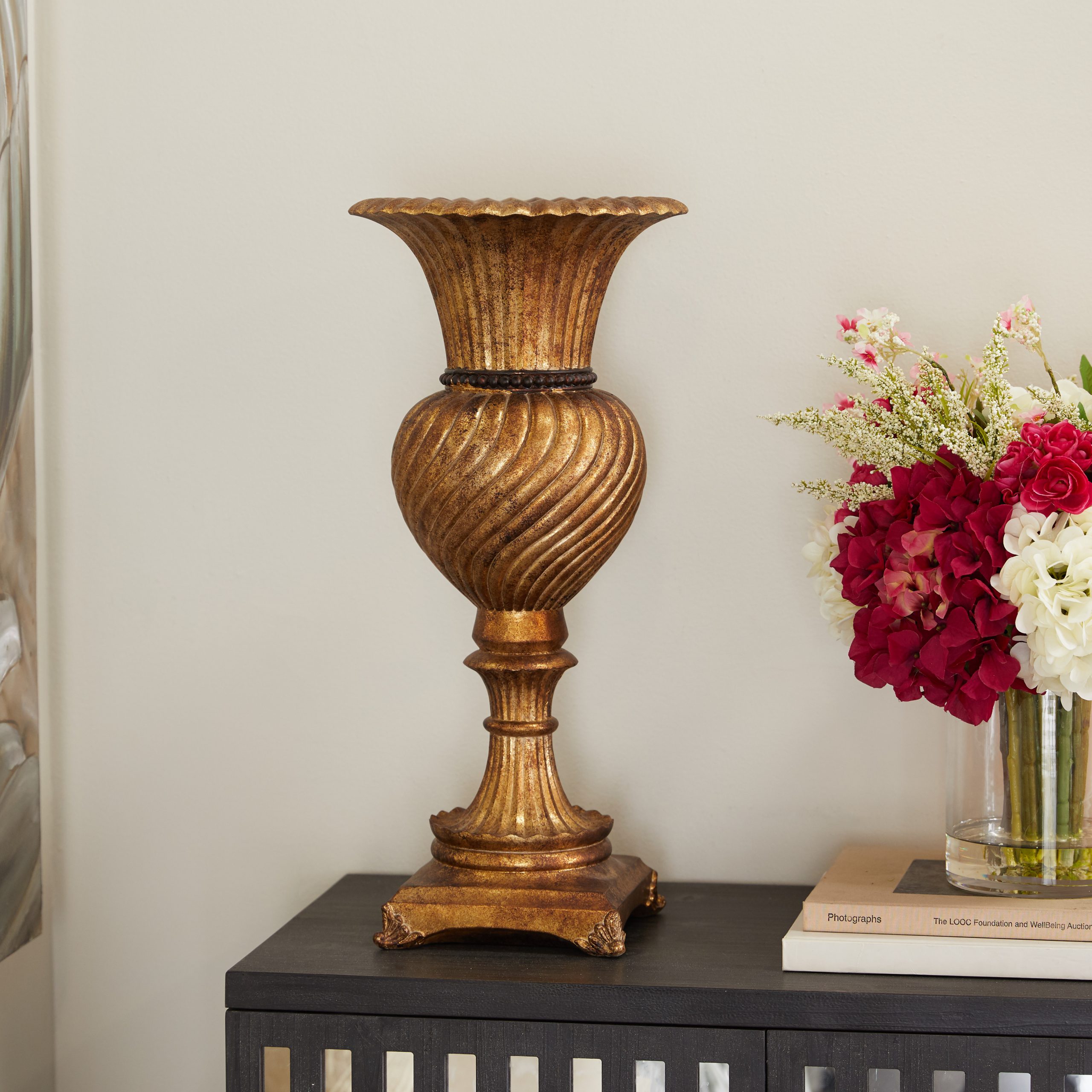 Gold Polystone Carved Vase, 10″ x 10″ x 22″