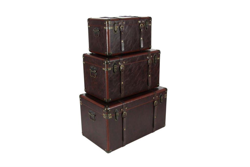 Dark Brown Faux Leather Wooden Trunk with Vintage Accents and Studs (Set of 3), 19″, 24″, 27″ W