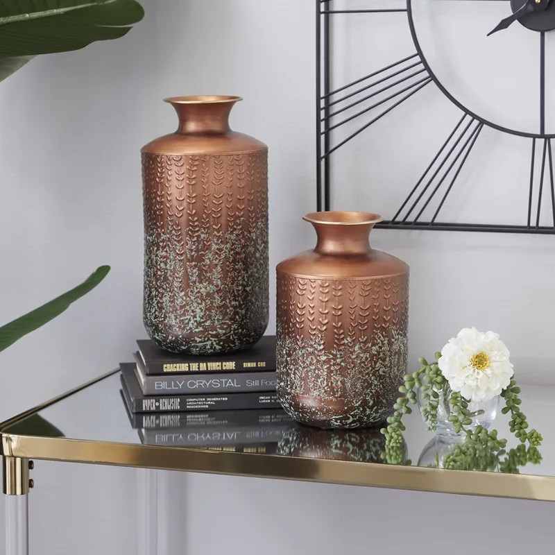 Bronze Metal Vase with Textural Botanical Patterns