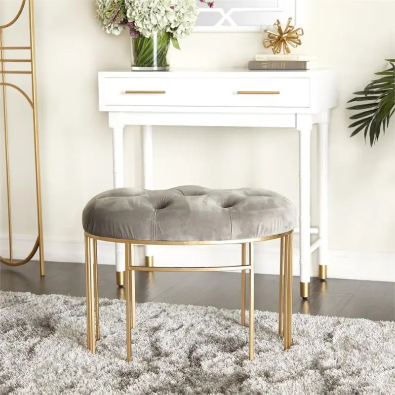 Gold Metal Bench with Tufted Gray Velvet Cushioned