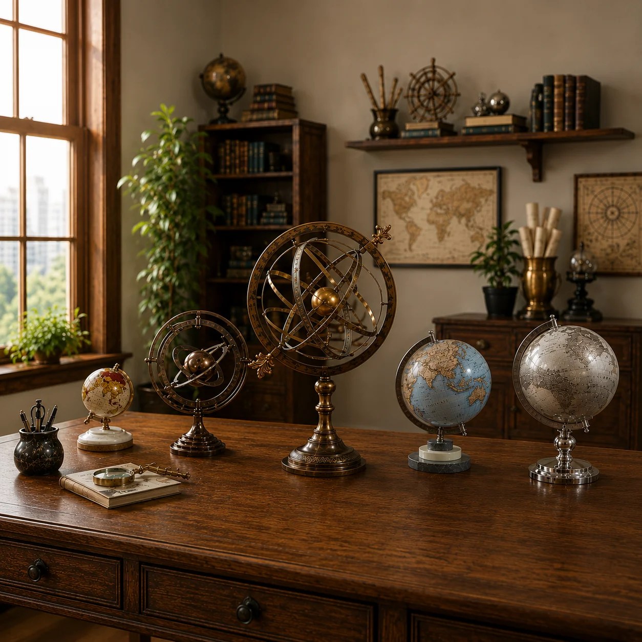 Collection of decorative world globes and antique armillary globes displayed on a wooden table in a classic contemporary study with warm natural lighting.