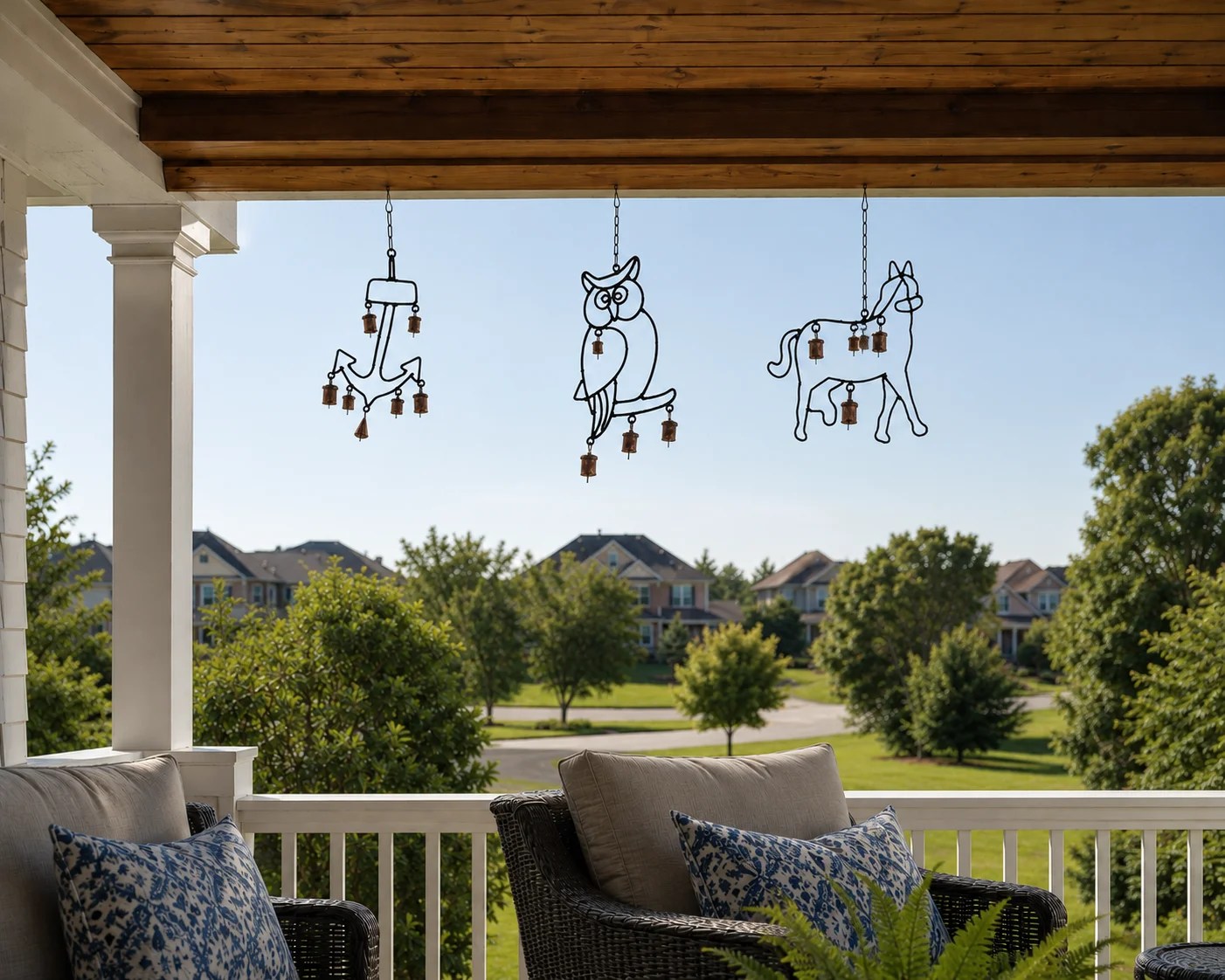 Wind chime collection featuring anchor, owl, and horse metal designs hanging on a covered porch.