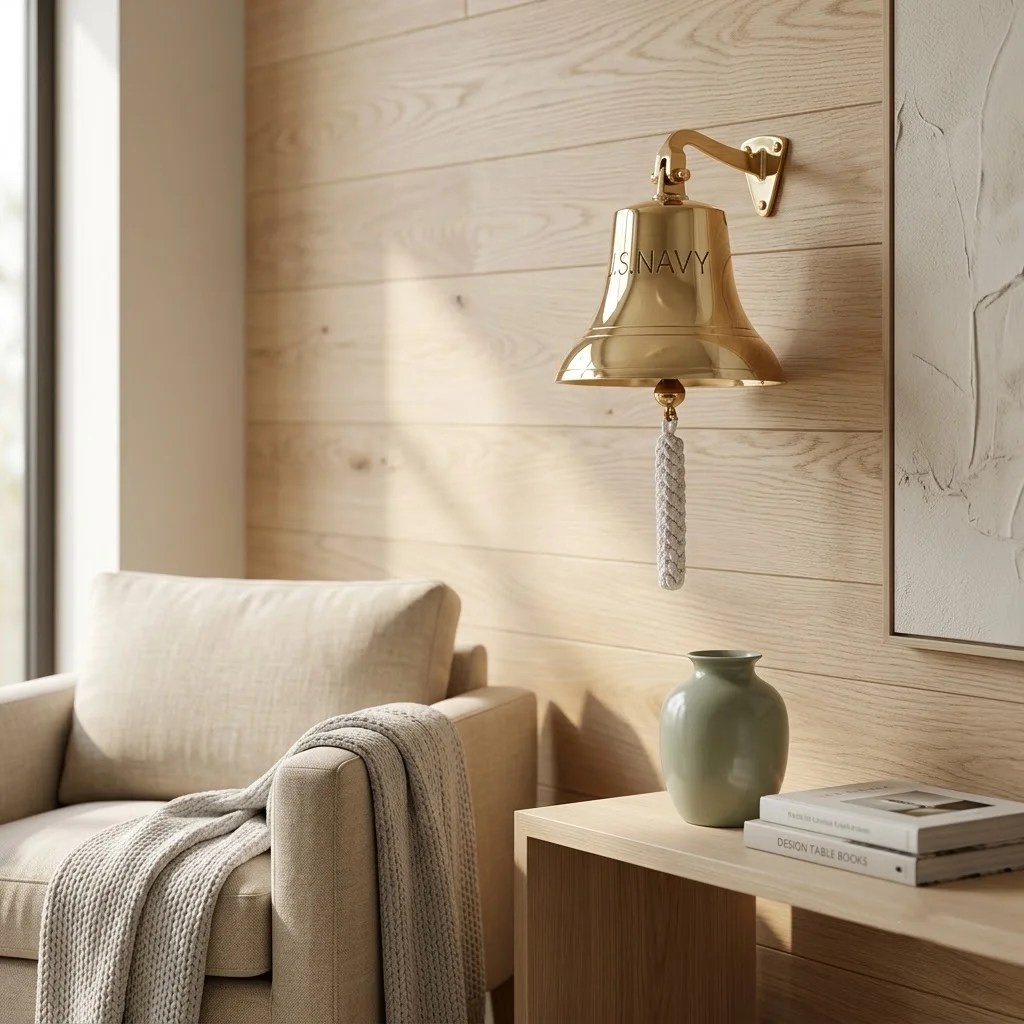 Polished gold brass ship bell with knotted rope clapper mounted on a wood-paneled entryway wall