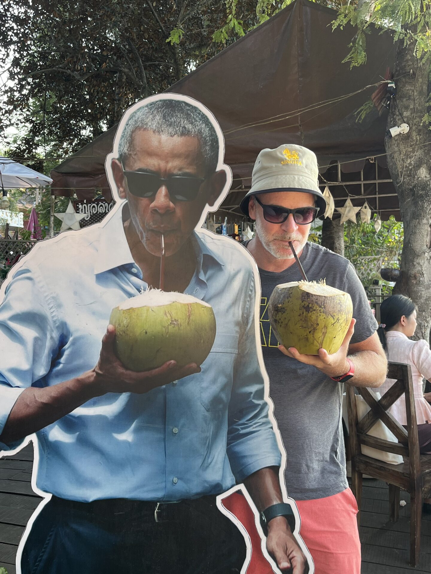 I didn't get to eat with Barack Obama like Anthony Bourdain did, but I did go to the same restaurant. Pictured here with a coconut just like he had.