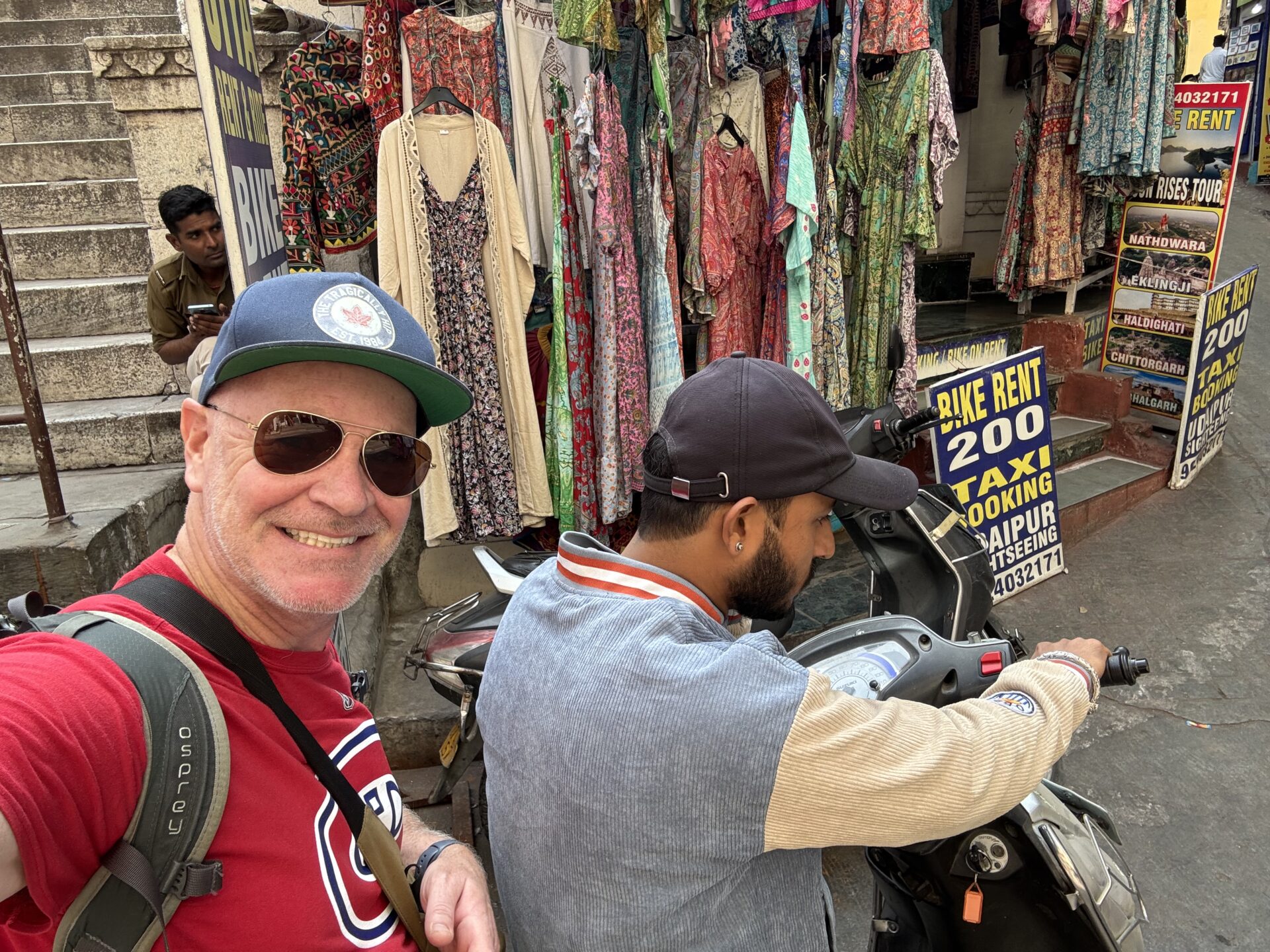 On a motorbike heading to my taxi for my journey to Mount Abu. Anthony Bourdain loved to travel on motorbikes. 