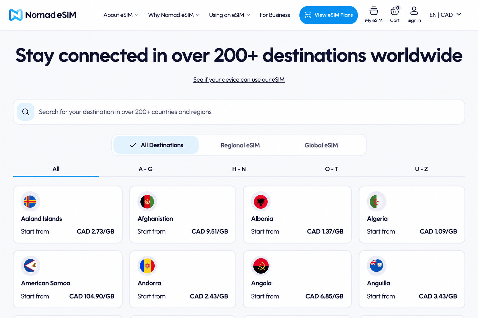 Nomad eSIM destinations 