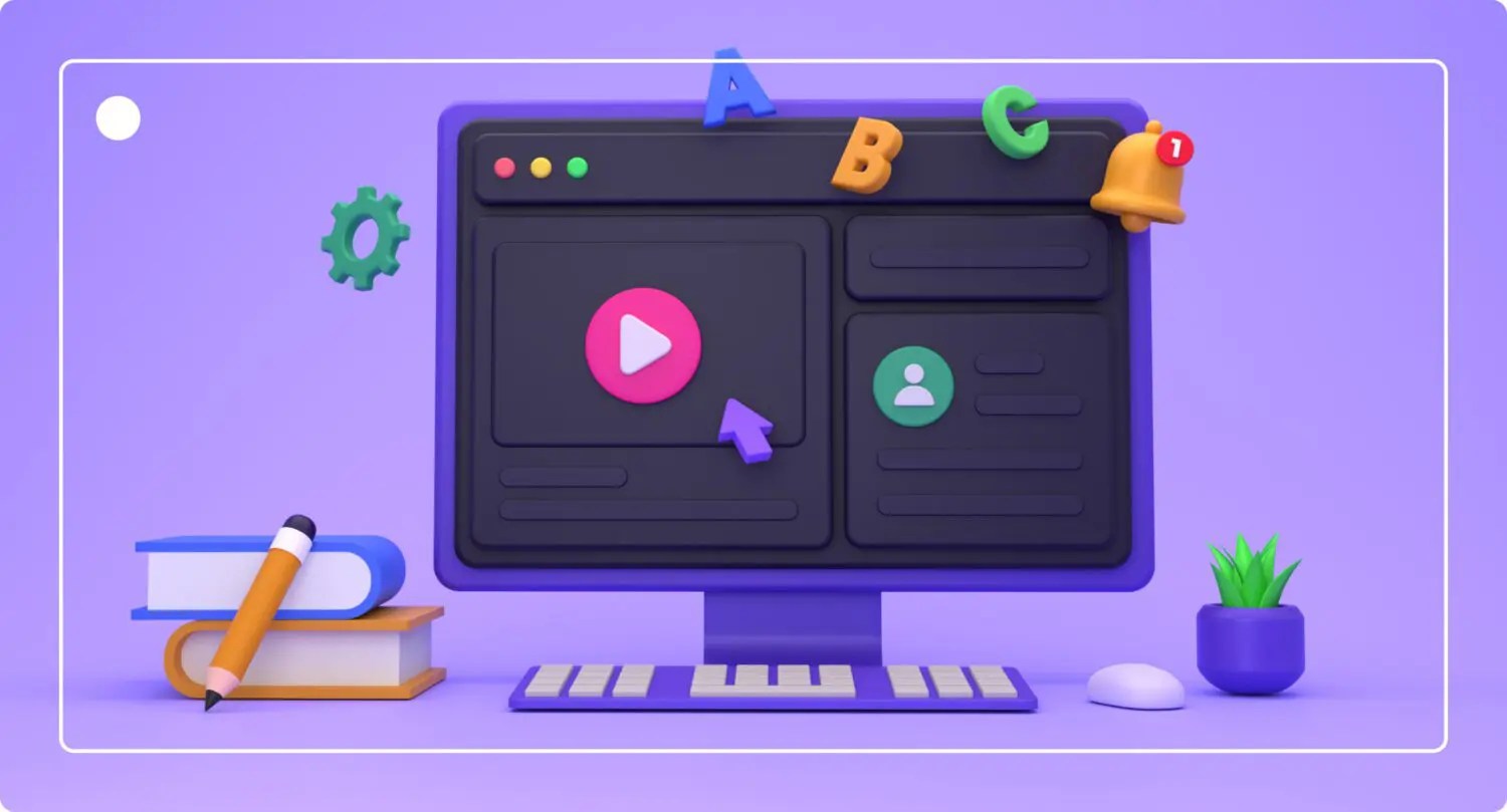 A purple 3D illustration of a desktop monitor featuring a video play button and floating alphabet letters, representing professional video localization, multimedia translation, and multilingual subtitling services by Glodisolme.