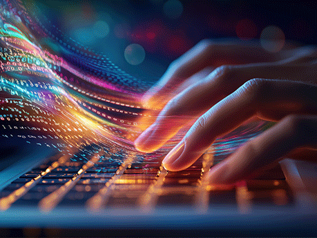 Close-up of hands typing on a laptop keyboard with vibrant, glowing digital data streams, representing the technical integration, deployment, and optimization of a comprehensive tech software package by Glodisolme.