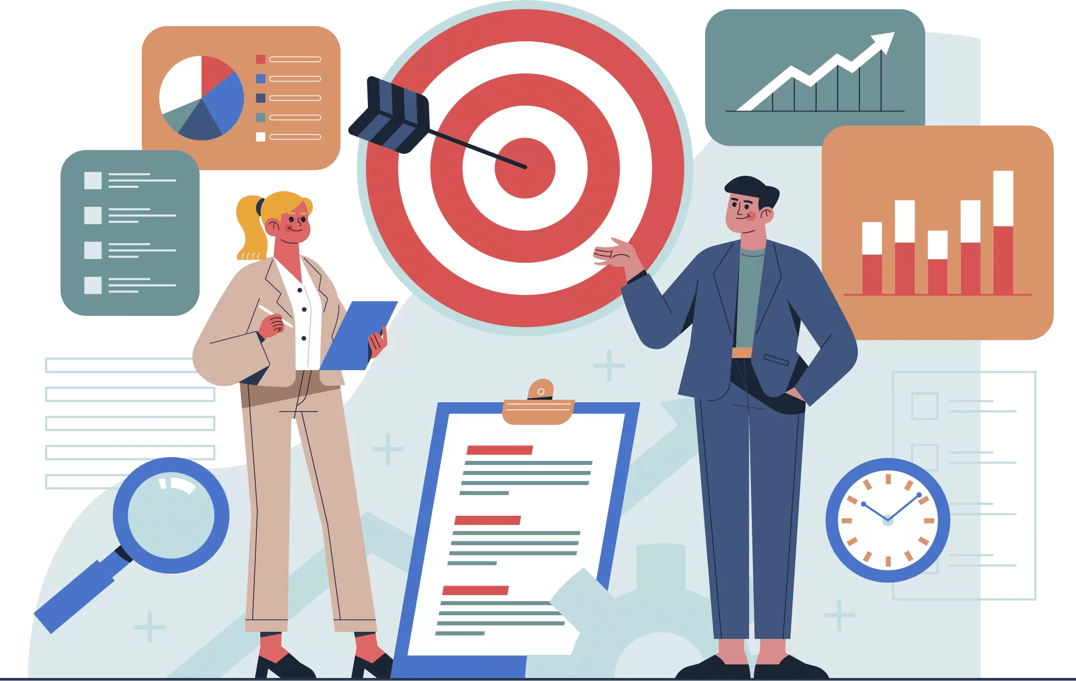 Illustration of a strategy team setting targets and tracking performance
