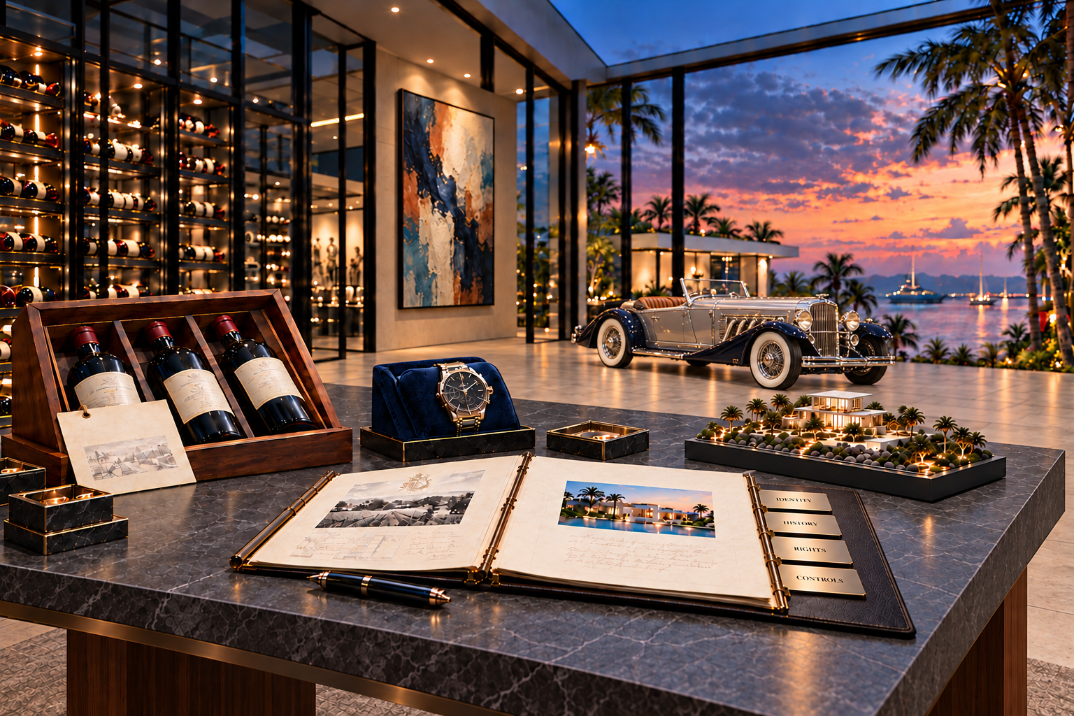 Collector's gallery with fine wines, a watch, artwork, a vintage roadster and an architectural model beside asset records.