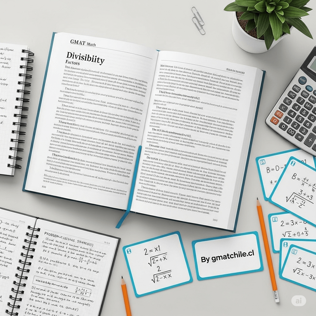 Una imagen con el branding "By gmatchile.cl" en una tarjeta de presentación sobre un escritorio con un libro abierto de matemáticas del GMAT, lápiz y otros materiales de estudio.