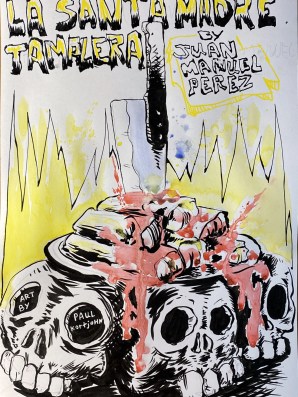 Skulls under a plate of tamales being stabbed by a knife with blood running over the tamales