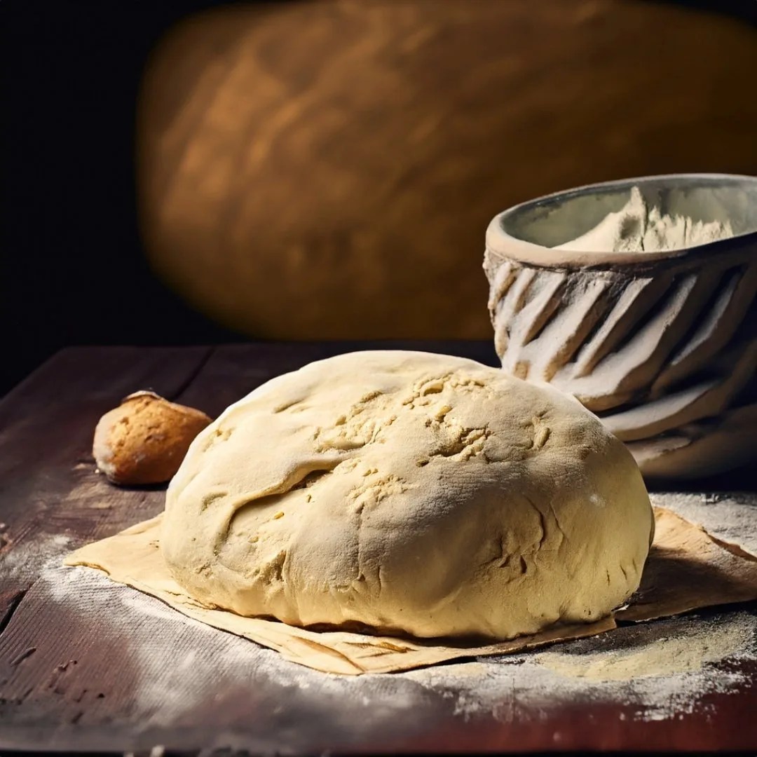 bread dough and flour on a table