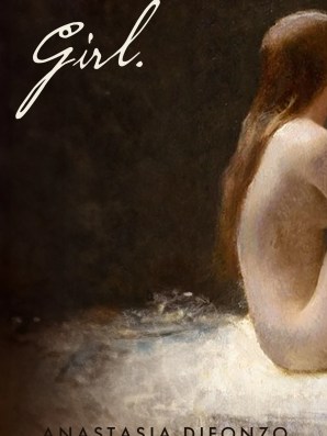 oil painting showing the back of a girl with red hair with a black background and a white bed cover she is sitting on