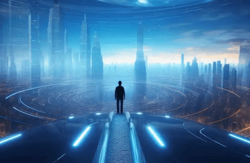 شخص يقف على منصة مرتفعة يطل على مدينة مستقبلية ذكية محاطة بعناصر رقمية وشبكات اتصال متقدمة.