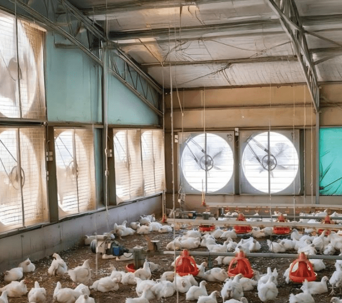 مزرعة دواجن داخلية تضم دجاجًا في بيئة مُتحكَّم بها مع مراوح تهوية وأنظمة تغذية حديثة، ترمز إلى الزراعة الحديثة والبنية التحتية الزراعية.