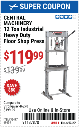 Hydraulic presses are commonly used in maintenance, fabrication, and assembly operations. CENTRAL MACHINERY 12 ton H-Frame Industrial Heavy Duty