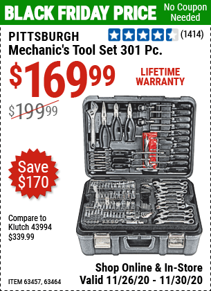 Pittsburgh 301 pc mechanic's tool set for $169.99
