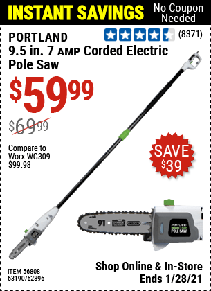 Portland 9.5 in. 7 amp electric pole saw for $59.99