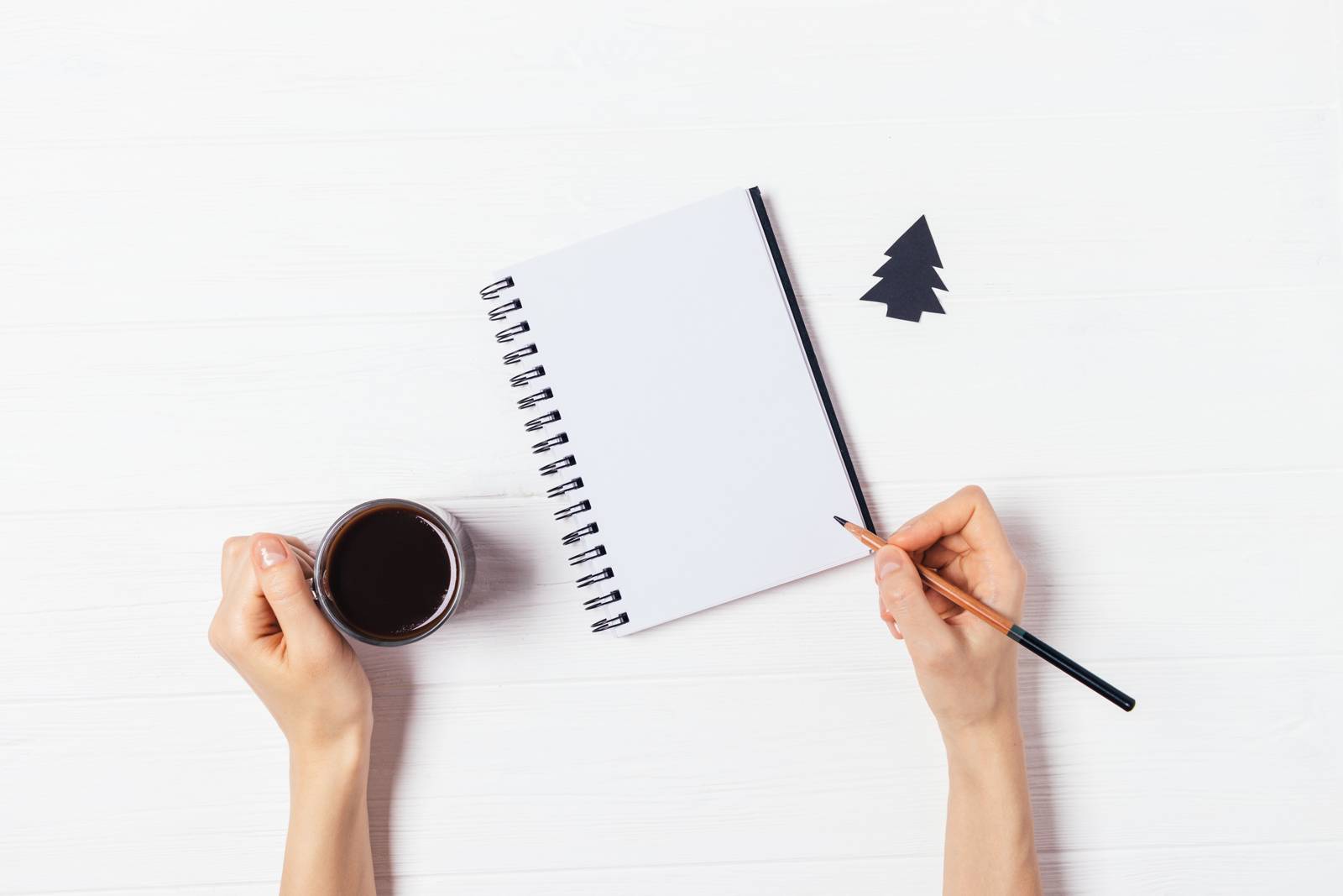 A woman's hands writing in a notebook at a sunlit desk