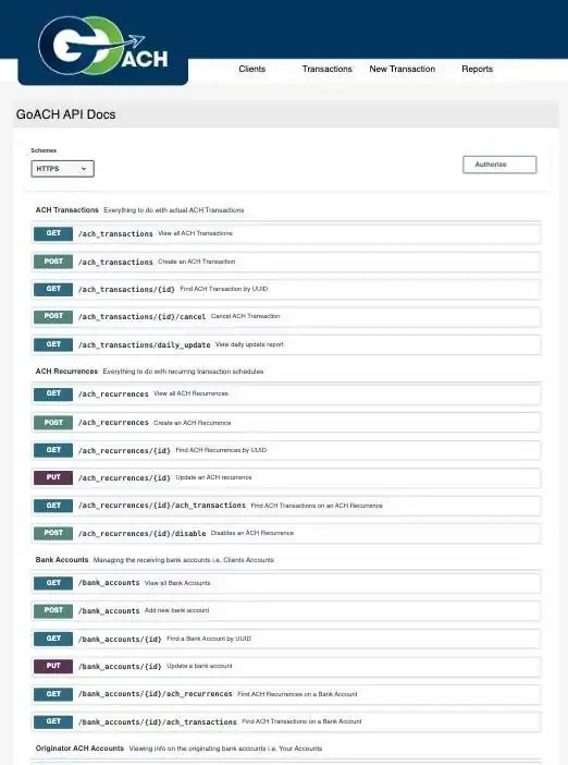 GoACH API docs listing ACH Transactions, ACH Recurrences, Bank Accounts and Originator ACH Accounts endpoints