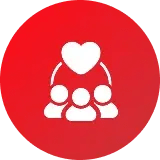 Icon depicting three people under a heart symbol on a red background.