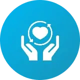 Circular icon featuring two hands holding a heart symbol with arrows around it, representing care and support.