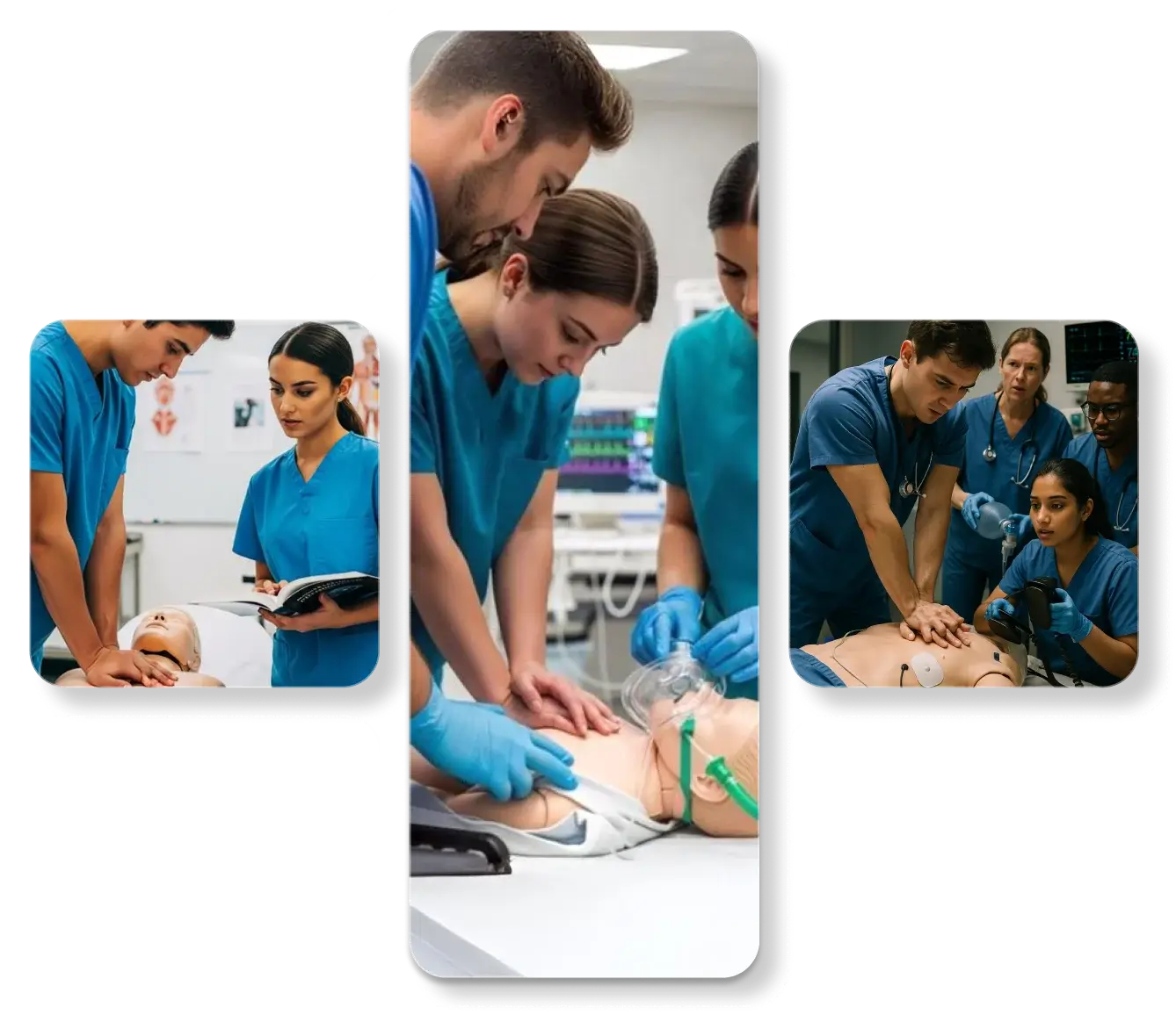 Group of medical professionals practicing CPR techniques on a mannequin during a training session.