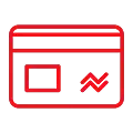 Red neon icon of a credit card with a stylized design, featuring a rectangular shape and lines.