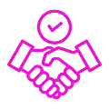 A pink icon representing a handshake with a checkmark above it, symbolizing agreement or partnership.