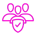 A pink icon representing a group of people with a shield symbol, indicating protection or security.