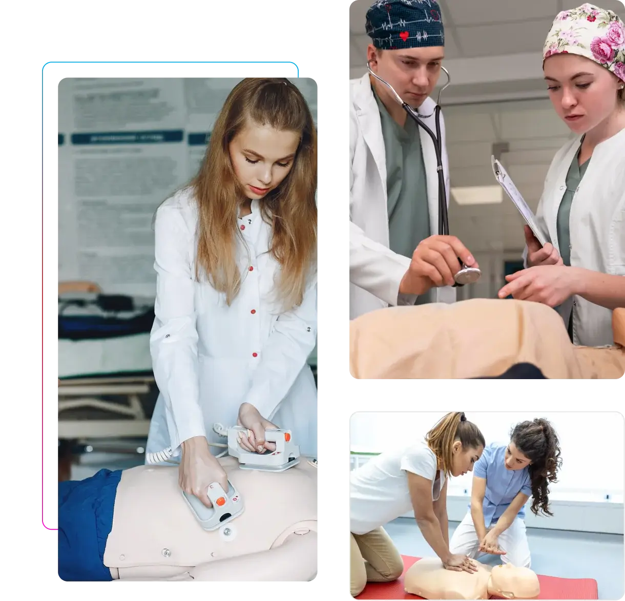 Individuals practicing CPR techniques on mannequins during a medical training session.