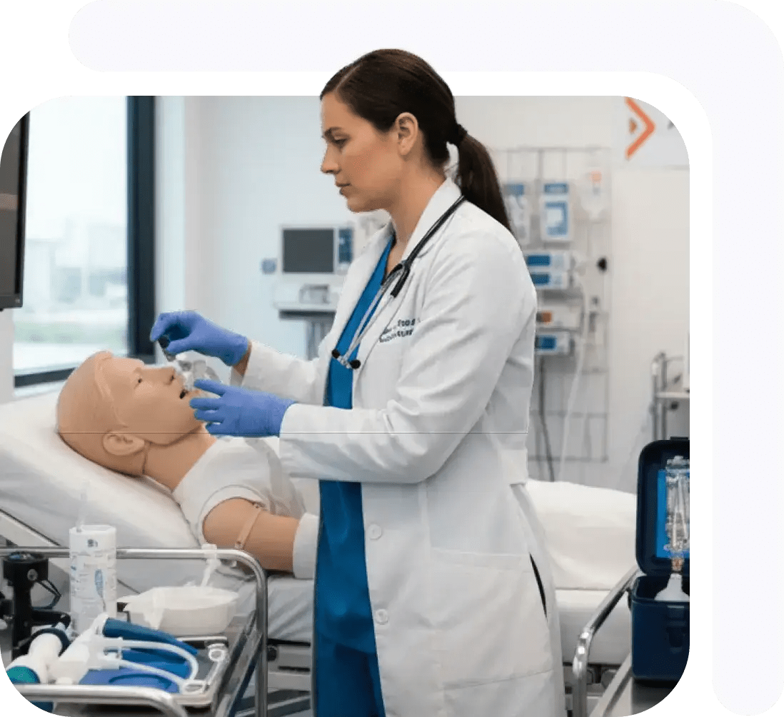 Healthcare professional performing a procedure on a simulation mannequin in a medical training environment.